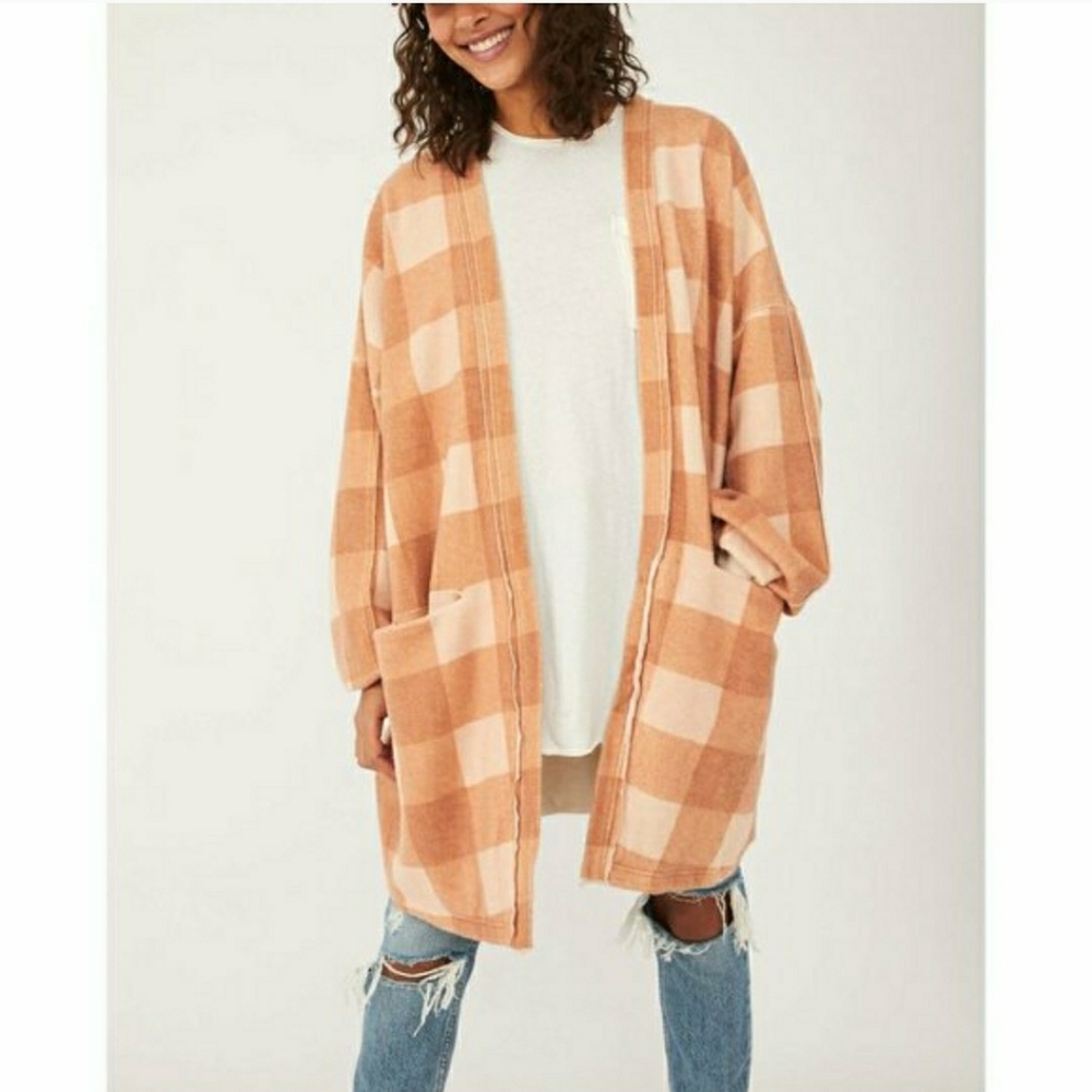 Free People Benji Cardi Fleece Camel Combo Checkered Size Small